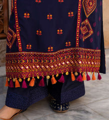 Luxury Navy Blue Embroidered Designer Suit with Handcrafted Mirror Work & Tassel Detailing