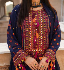 Luxury Navy Blue Embroidered Designer Suit with Handcrafted Mirror Work & Tassel Detailing