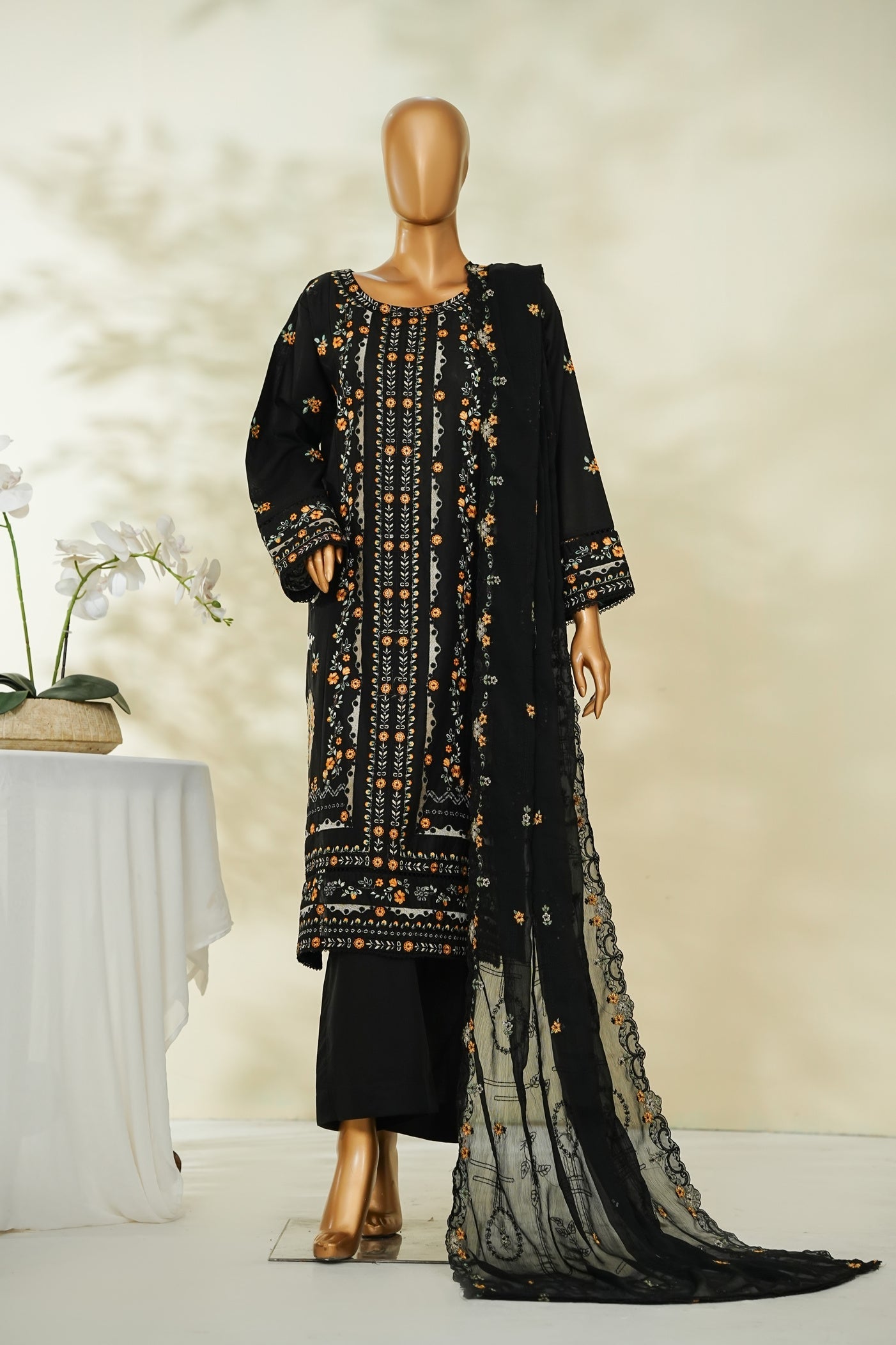 Bin Saeed Black Embroidered Lawn Suit with Chiffon Dupatta – 3 Piece Stitched Set