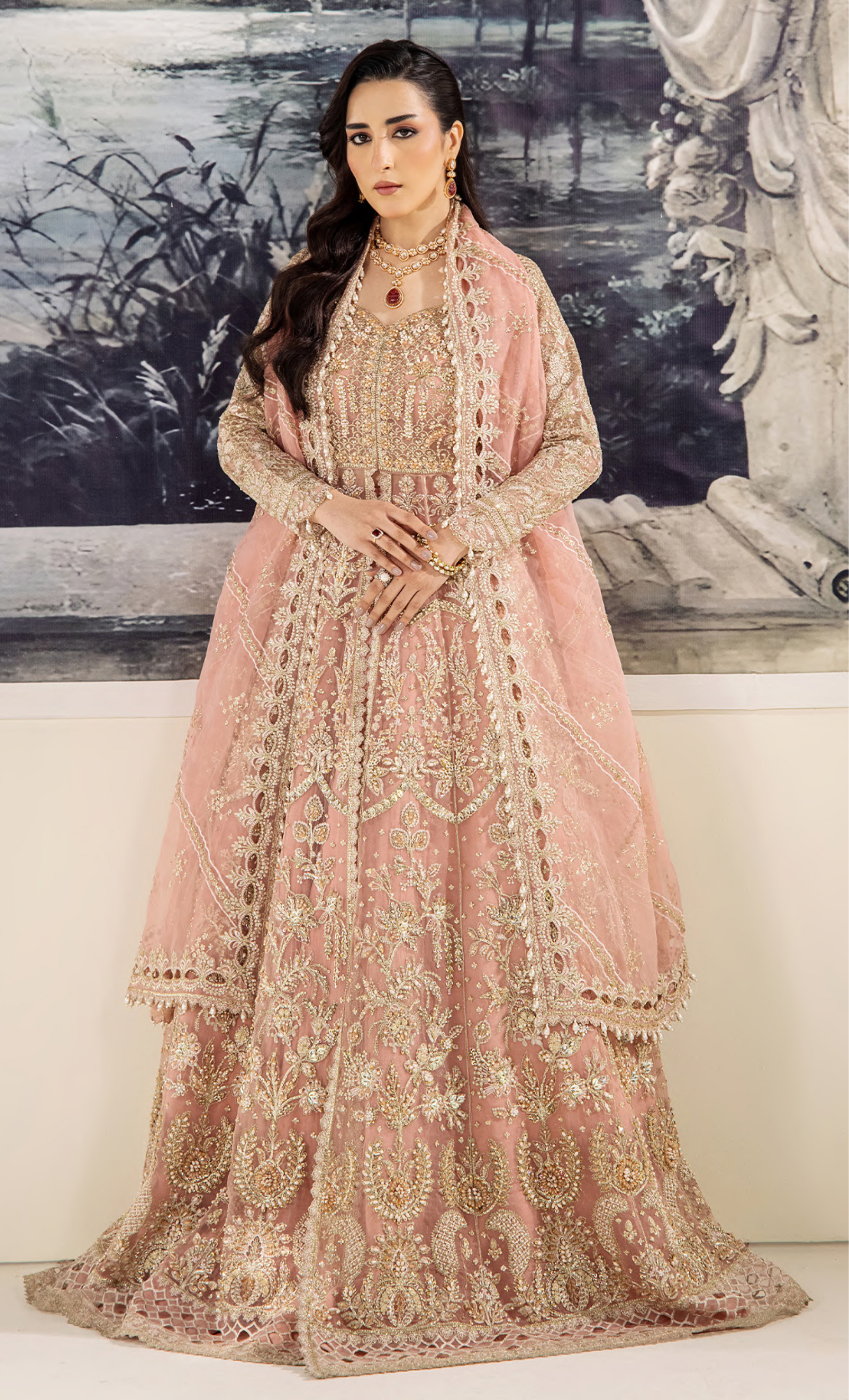 Blush Rose Embellished Bridal Ensemble with Heavy Embroidery & Dupatta
