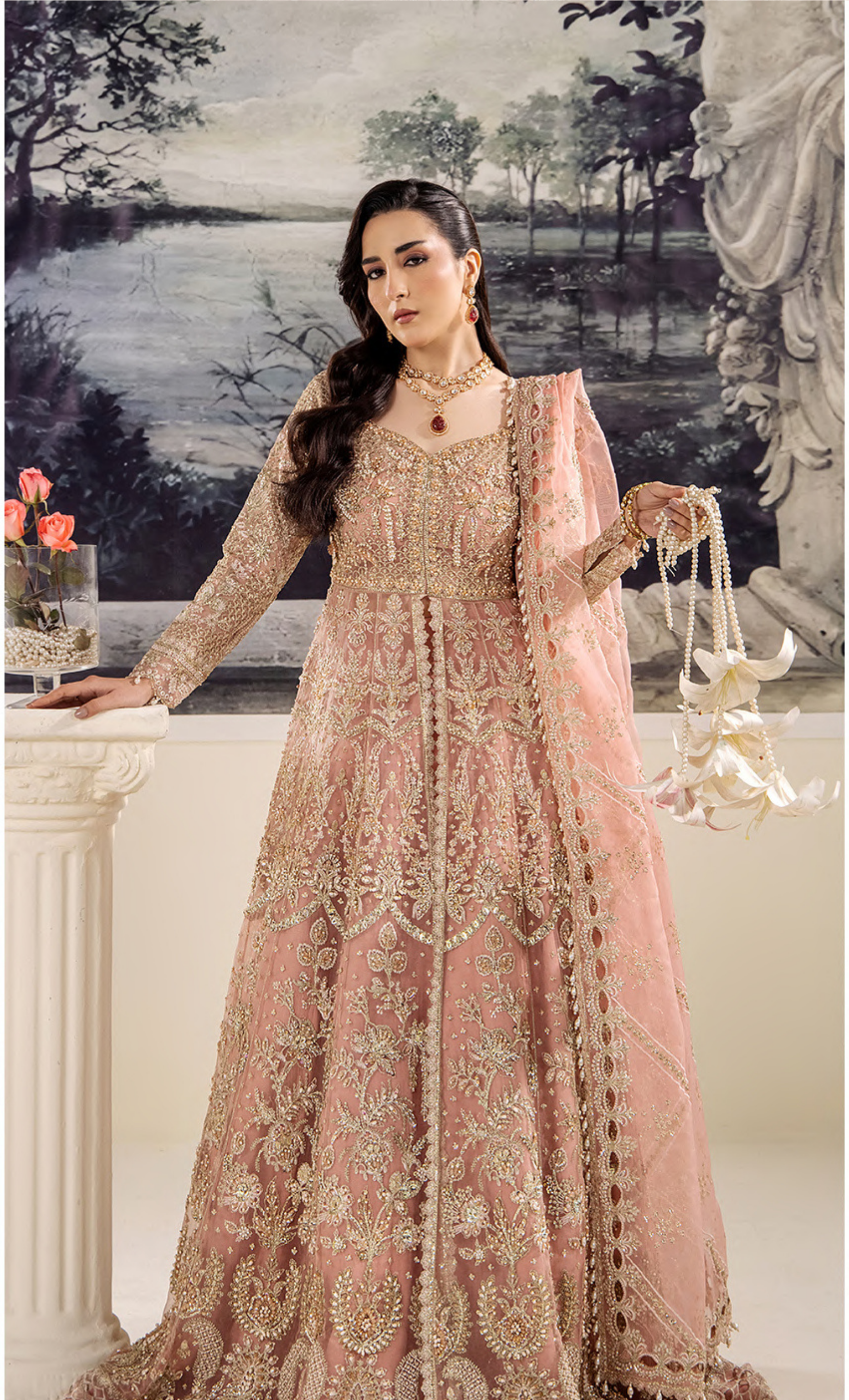Blush Rose Embellished Bridal Ensemble with Heavy Embroidery & Dupatta