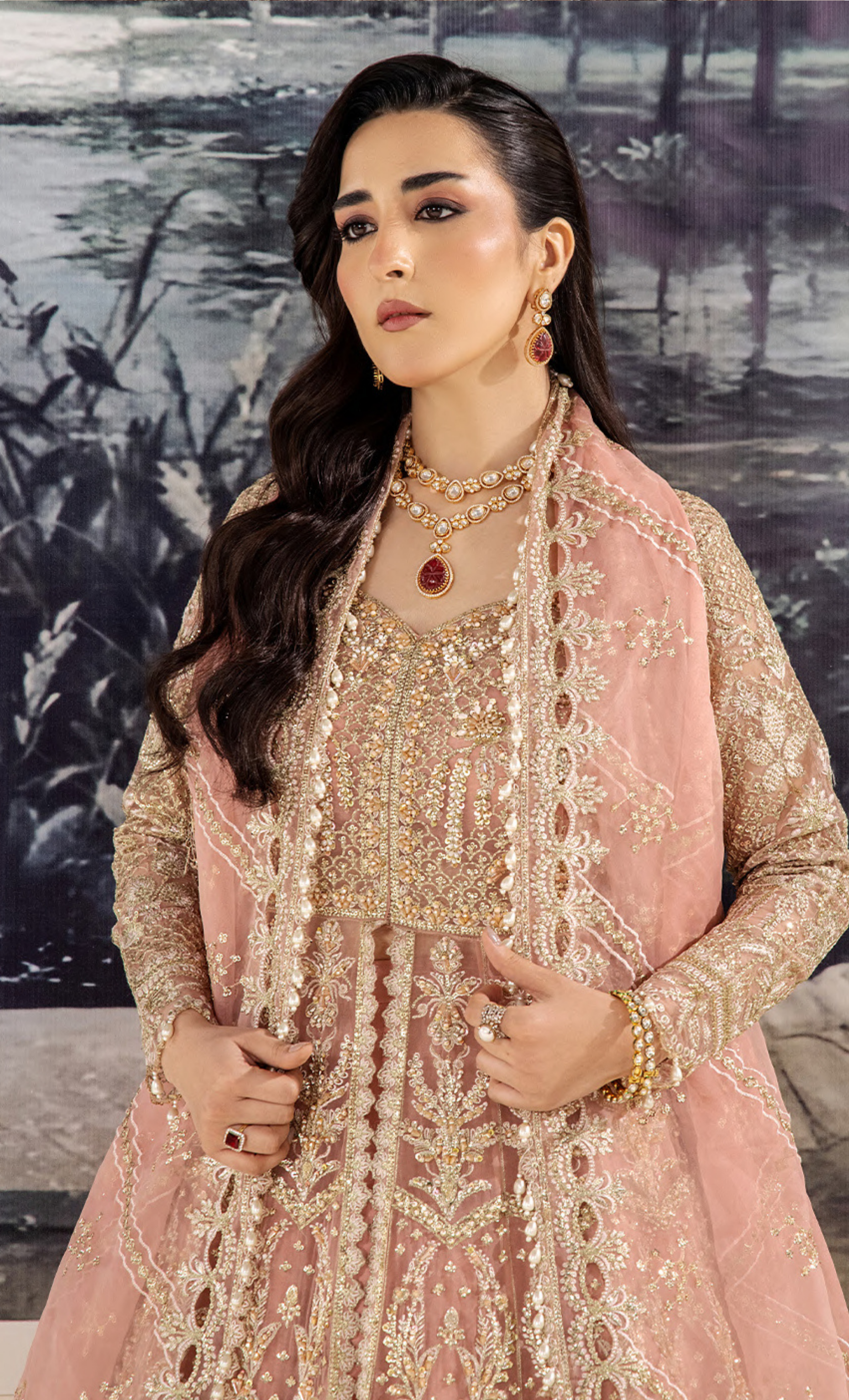 Blush Rose Embellished Bridal Ensemble with Heavy Embroidery & Dupatta