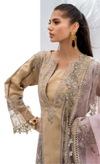 Sand Beige Embroidered Luxury Kurta Set with Pastel Organza Dupatta