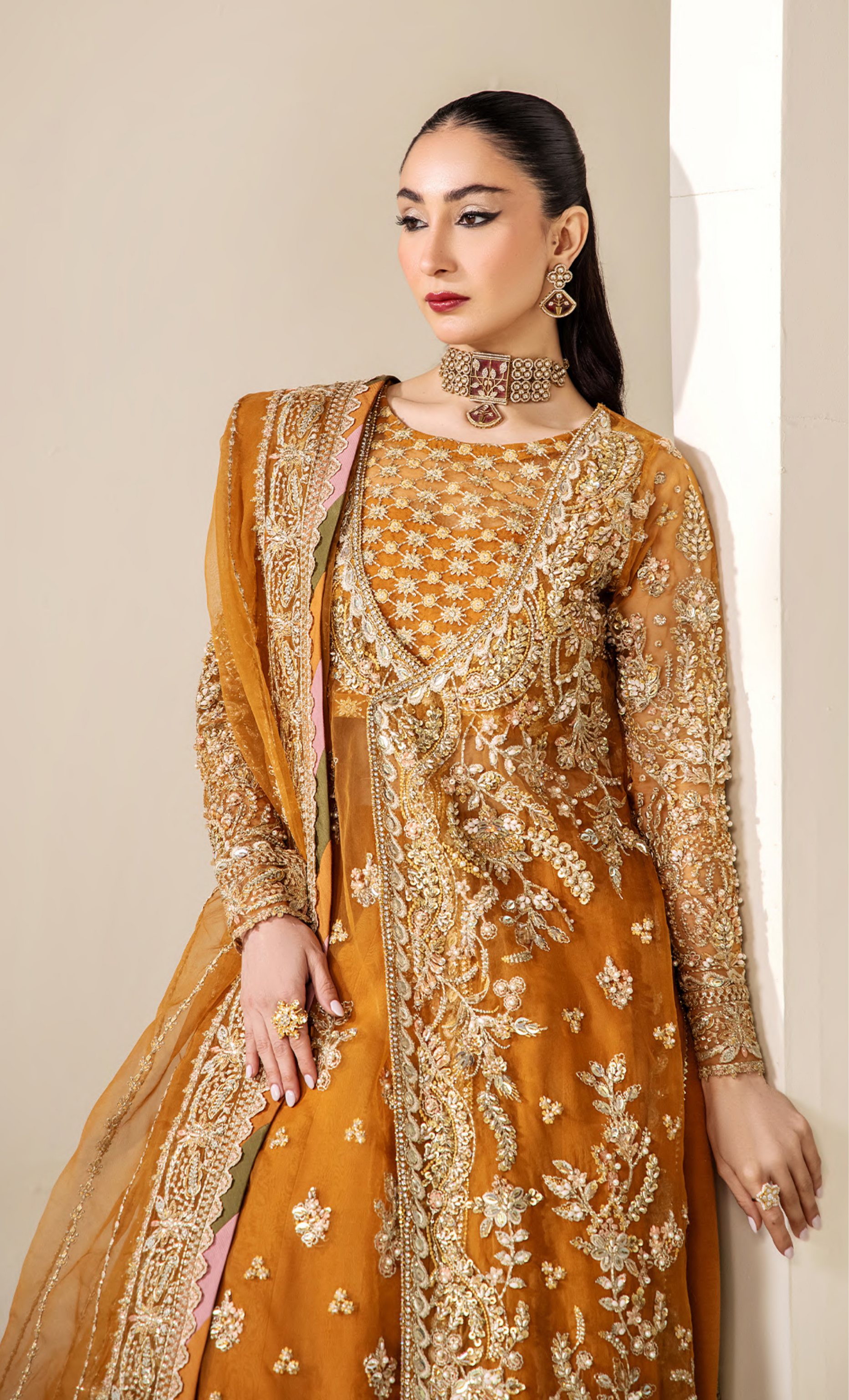 Luxury Mustard Gold Embroidered Designer Anarkali Suit with Heavy Handcrafted Work
