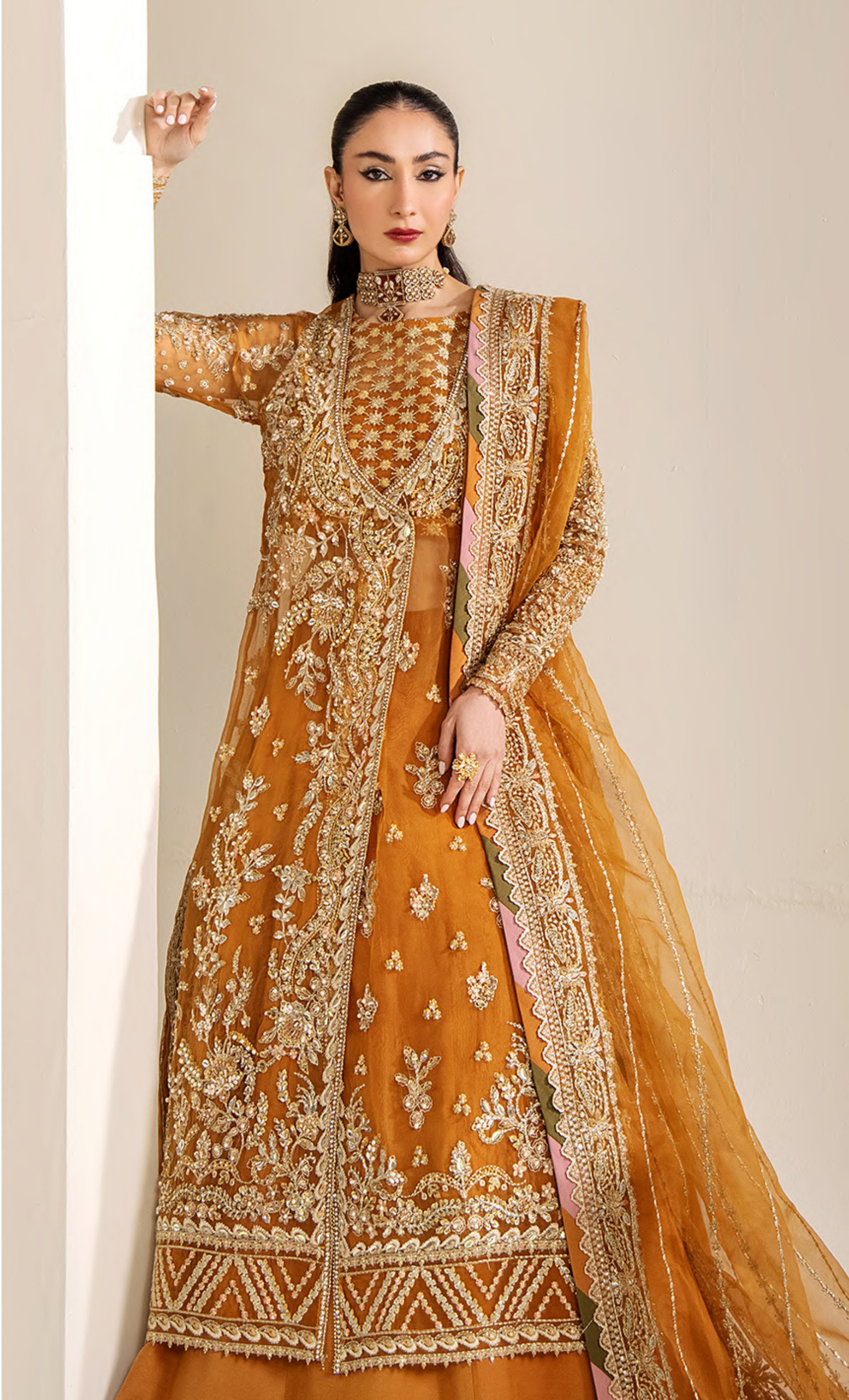 Luxury Mustard Gold Embroidered Designer Anarkali Suit with Heavy Handcrafted Work