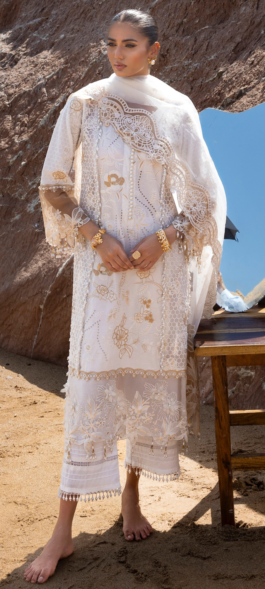 Ivory & Gold Embroidered Luxury Lawn Suit