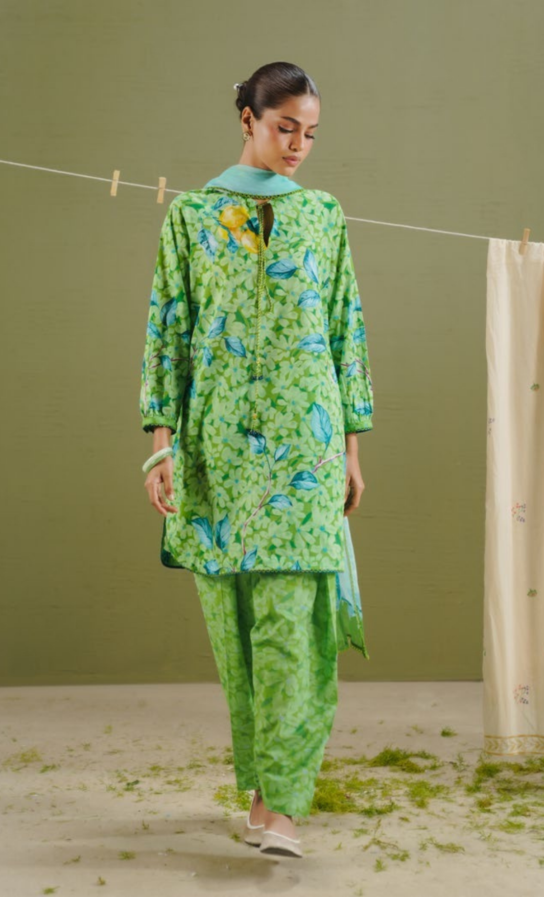 KAEL-7B – Pear Green Daisy Meadow Printed Lawn Suit with Aqua Dupatta