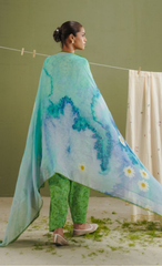 KAEL-7B – Pear Green Daisy Meadow Printed Lawn Suit with Aqua Dupatta