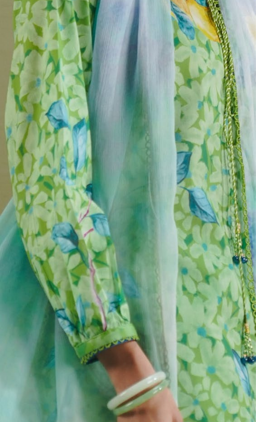 KAEL-7B – Pear Green Daisy Meadow Printed Lawn Suit with Aqua Dupatta