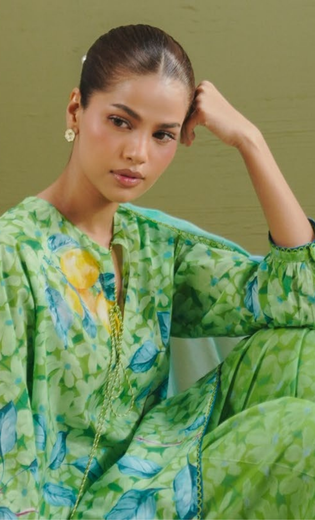 KAEL-7B – Pear Green Daisy Meadow Printed Lawn Suit with Aqua Dupatta