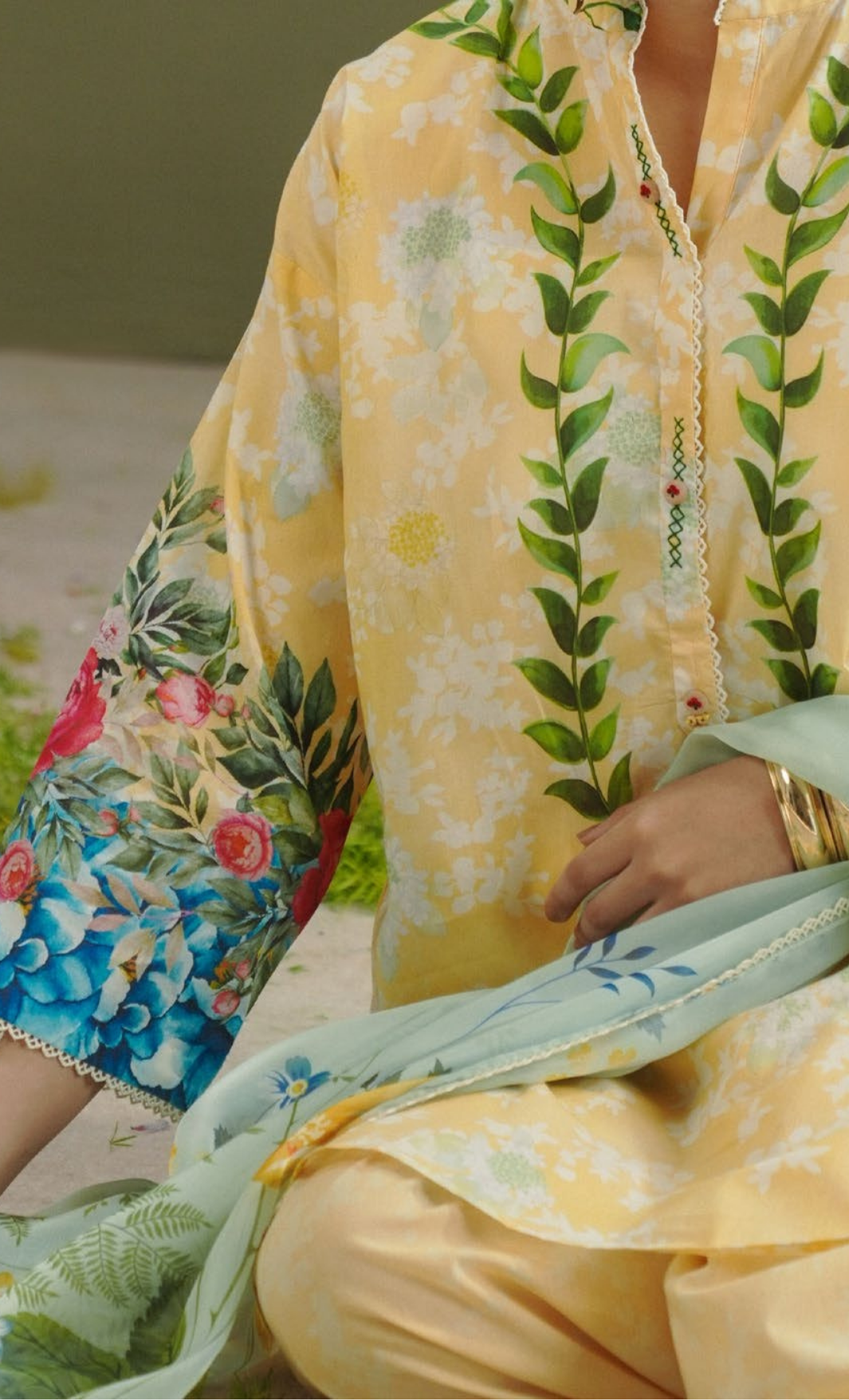 AYLA-8A – Yellow Floral Printed Lawn Suit with Dusty Blue Dupatta