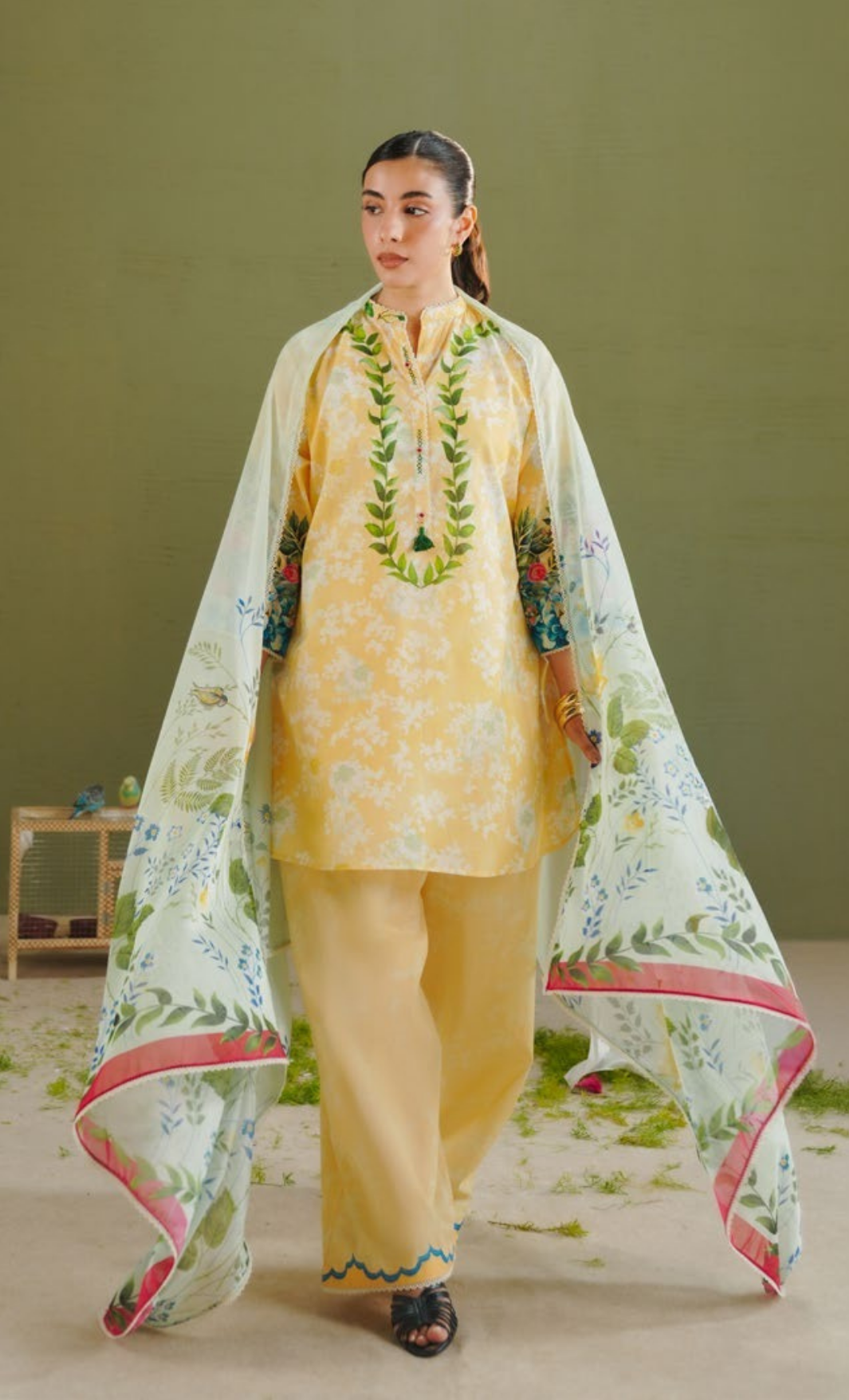 AYLA-8A – Yellow Floral Printed Lawn Suit with Dusty Blue Dupatta