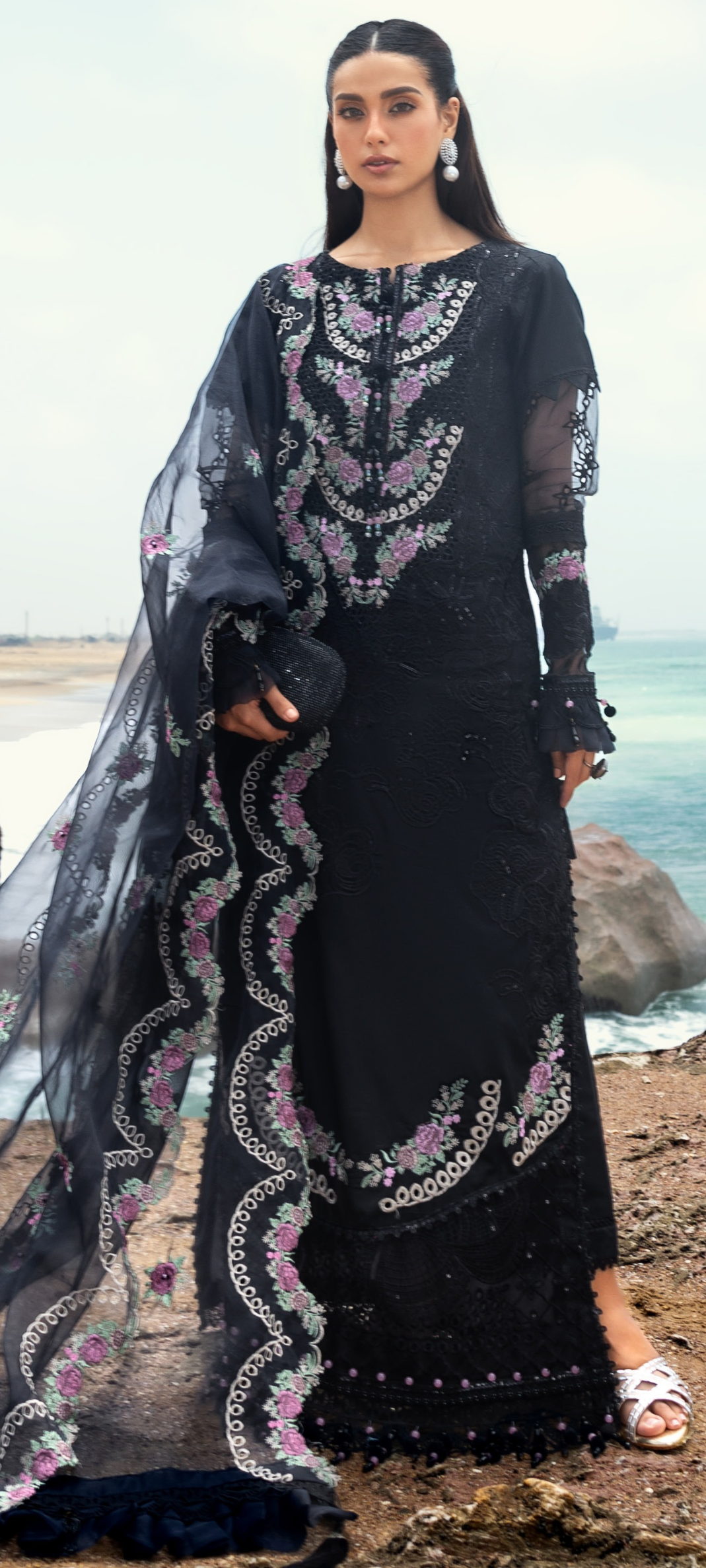 Black Embroidered Luxury Lawn Suit with Floral Dupatta