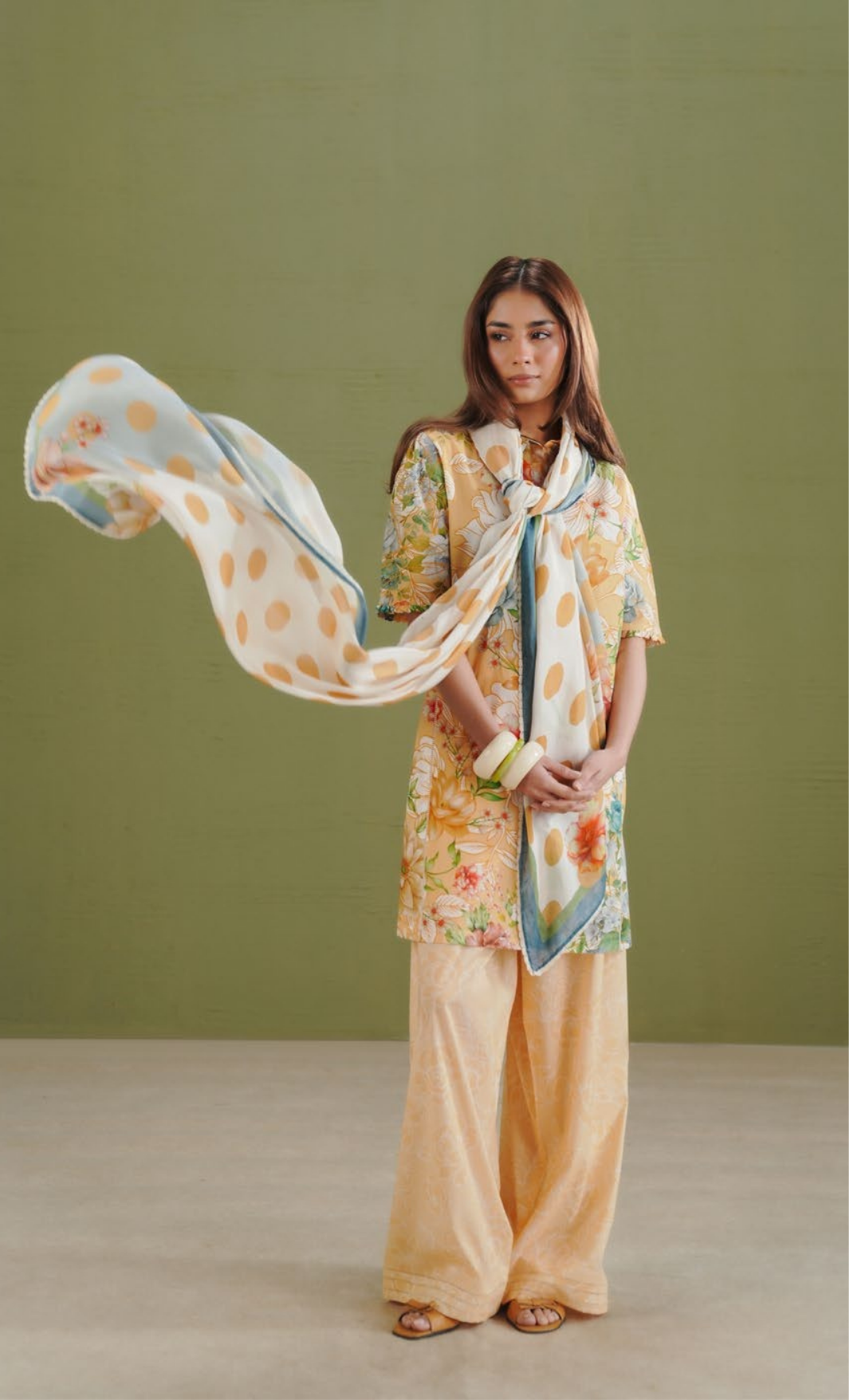 ELIX-9B – Yellow Floral Printed Lawn Suit with Polka Dot Dupatta