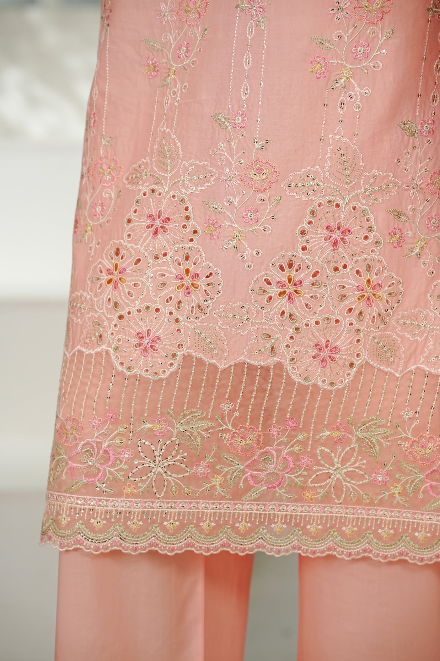 Bin Saeed Peach Embroidered Lawn Suit with Printed Chiffon Dupatta – 3 Piece Stitched Set