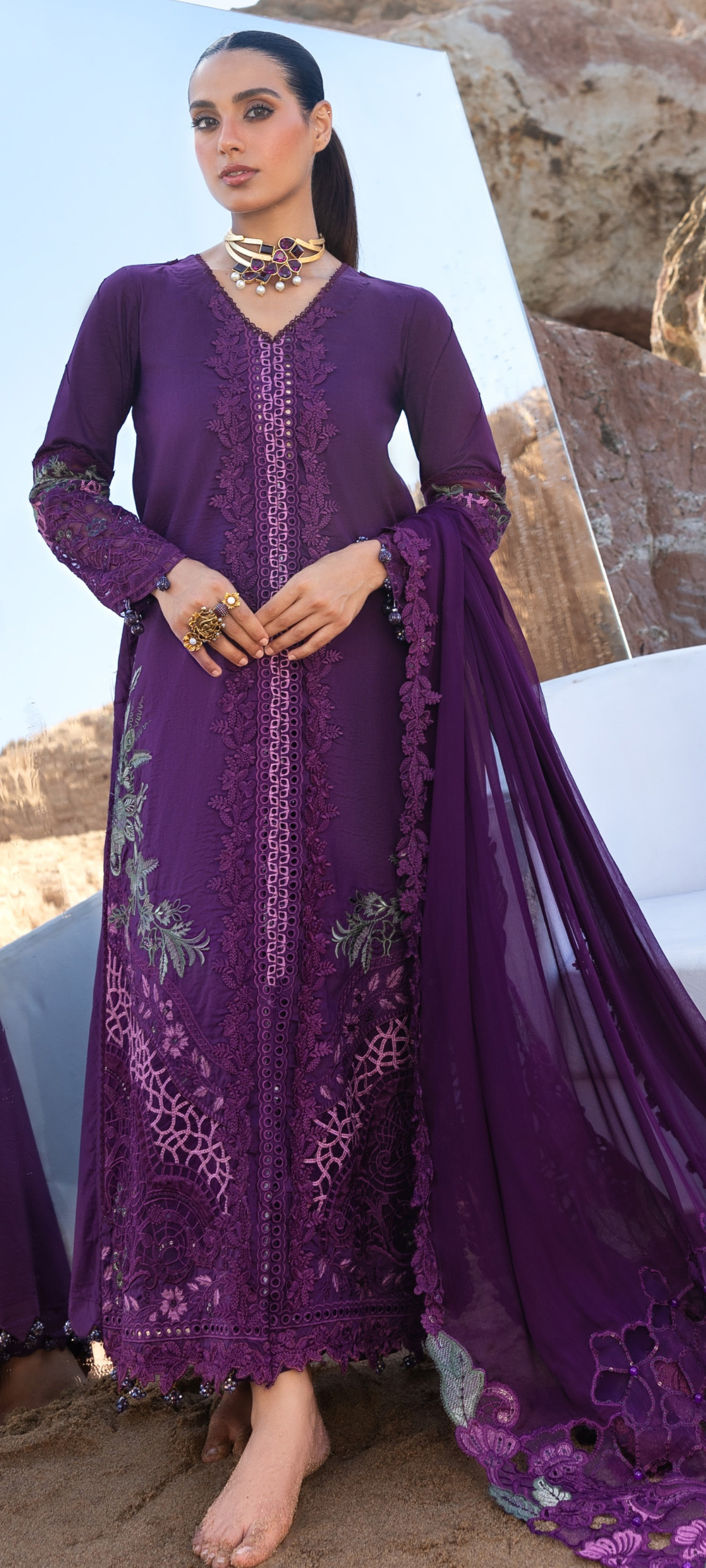 Royal Plum Embroidered Designer Kurta Set with Chiffon Dupatta