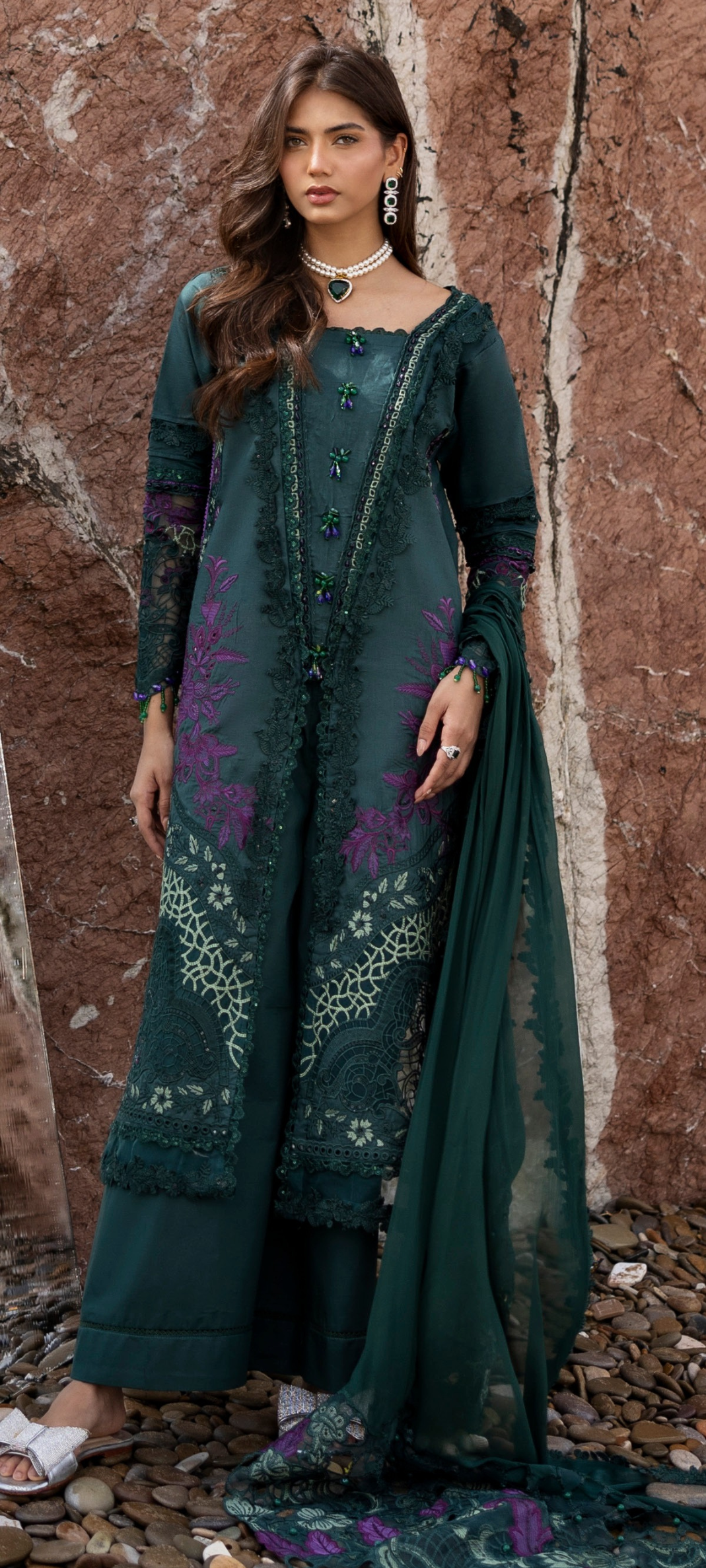 Emerald Teal Embroidered Designer Kurta Set with Chiffon Dupatta