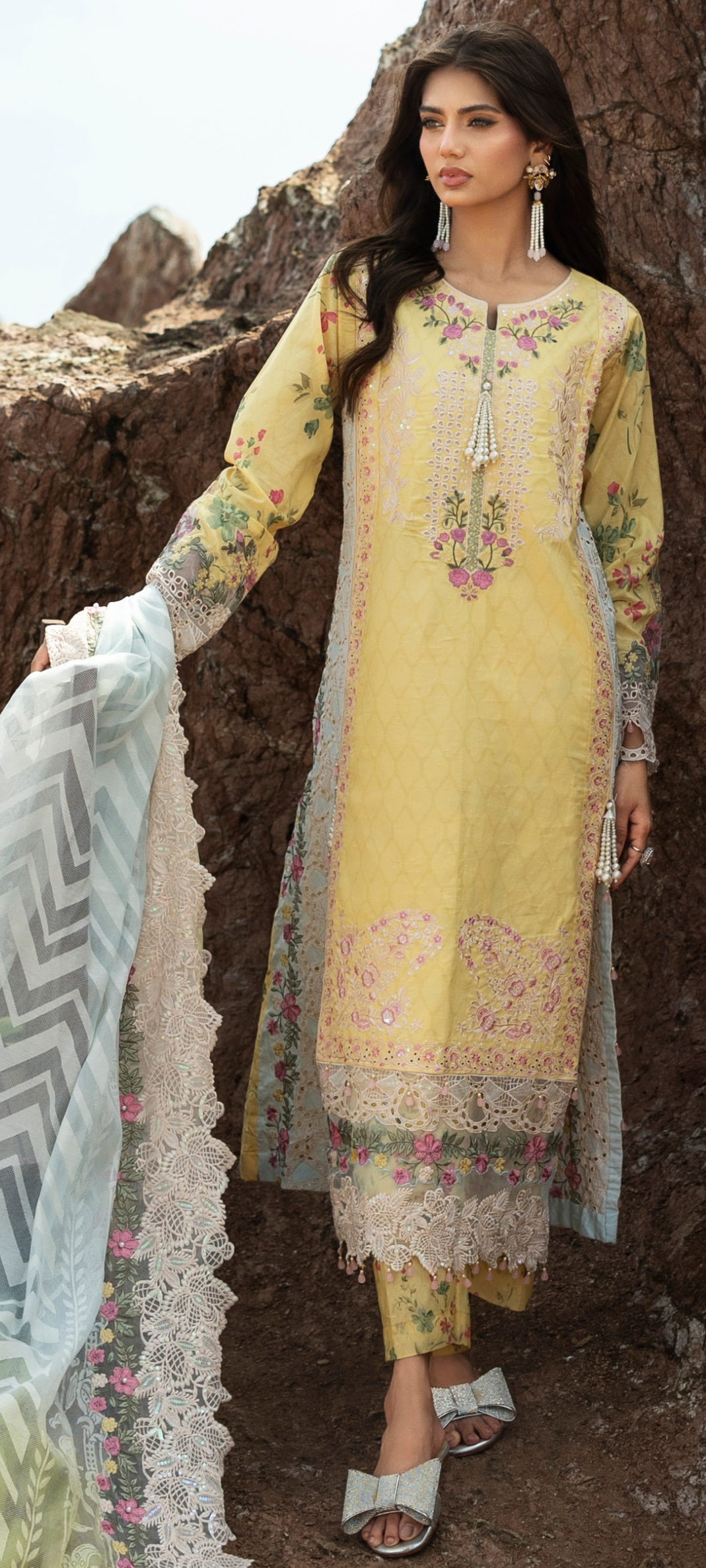 Pastel Yellow Floral Embroidered Designer Kurta Set with Lace Dupatta