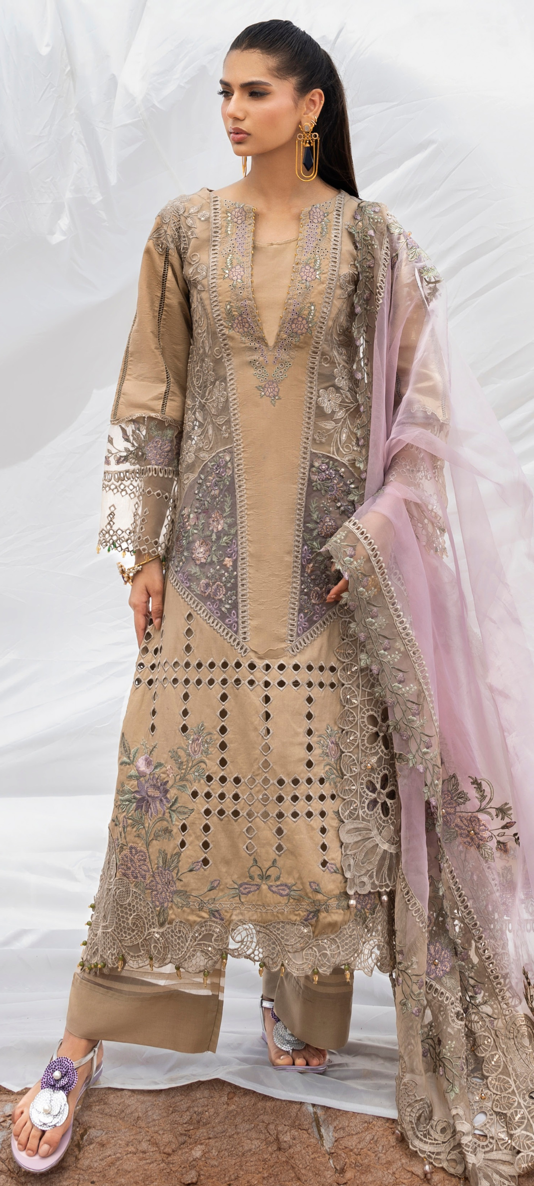 Sand Beige Embroidered Luxury Kurta Set with Pastel Organza Dupatta