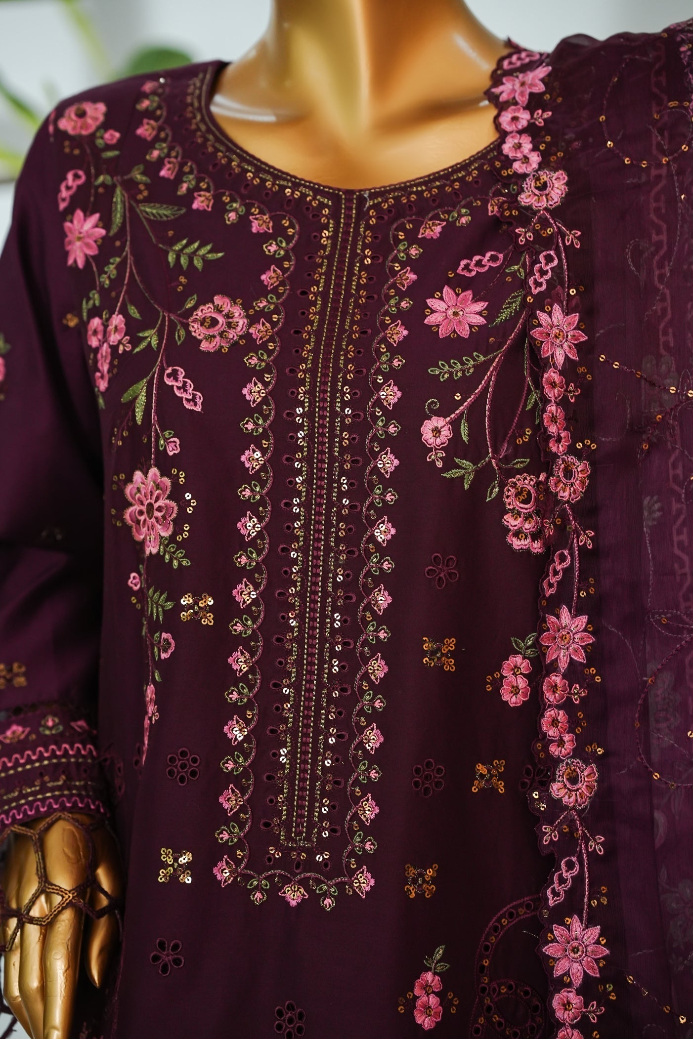 Bin Saeed Plum Embroidered 3-Piece Luxury Lawn Suit