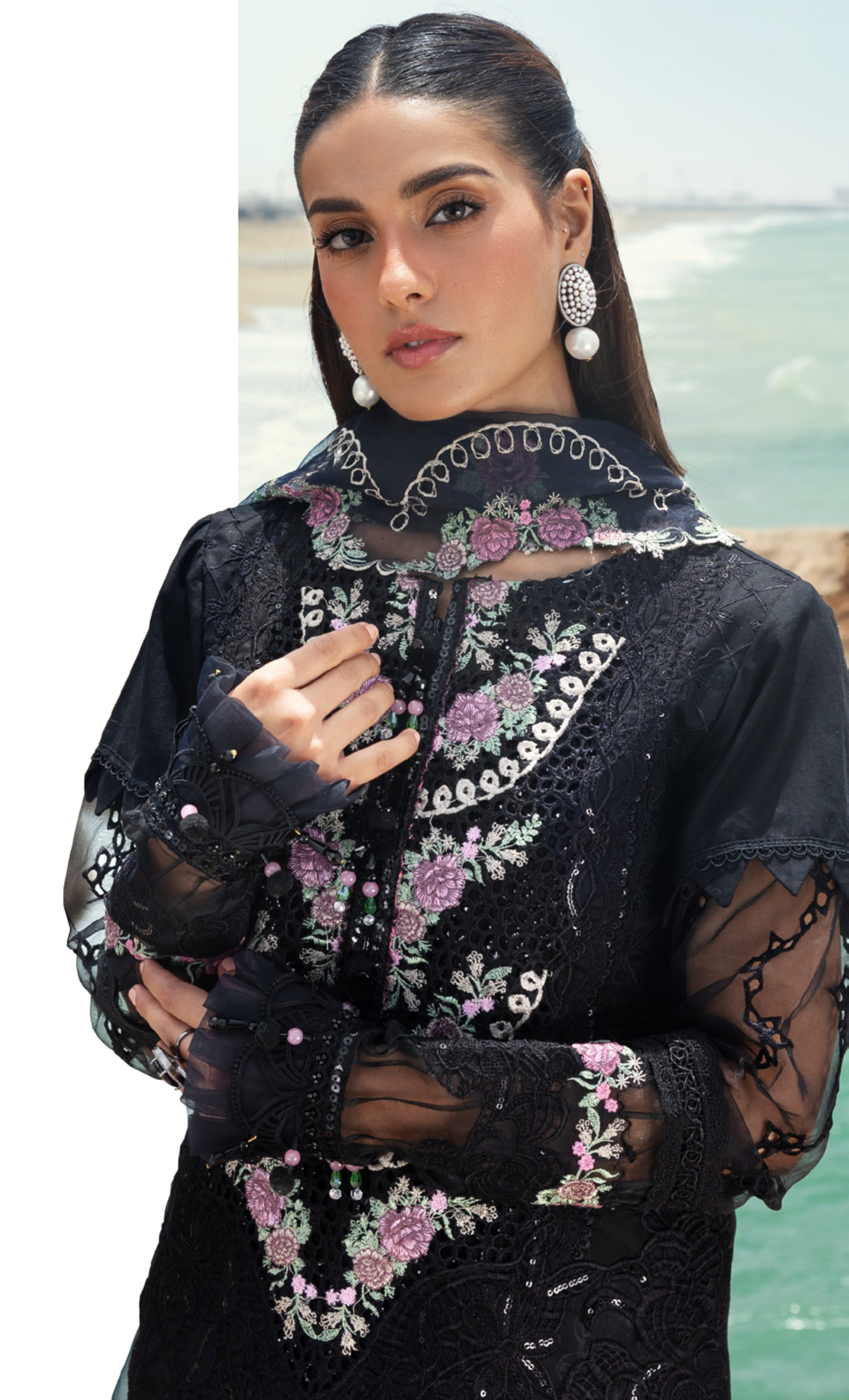 Black Embroidered Luxury Lawn Suit with Floral Dupatta
