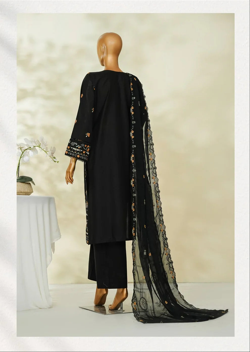 Bin Saeed Black Embroidered Lawn Suit with Chiffon Dupatta – 3 Piece Stitched Set