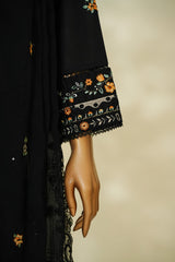 Bin Saeed Black Embroidered Lawn Suit with Chiffon Dupatta – 3 Piece Stitched Set