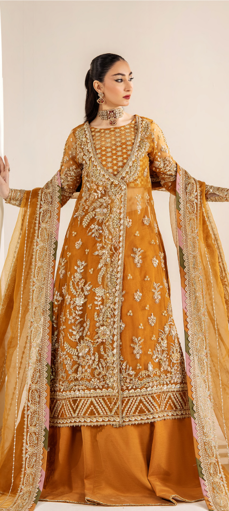 Luxury Mustard Gold Embroidered Designer Anarkali Suit with Heavy Handcrafted Work