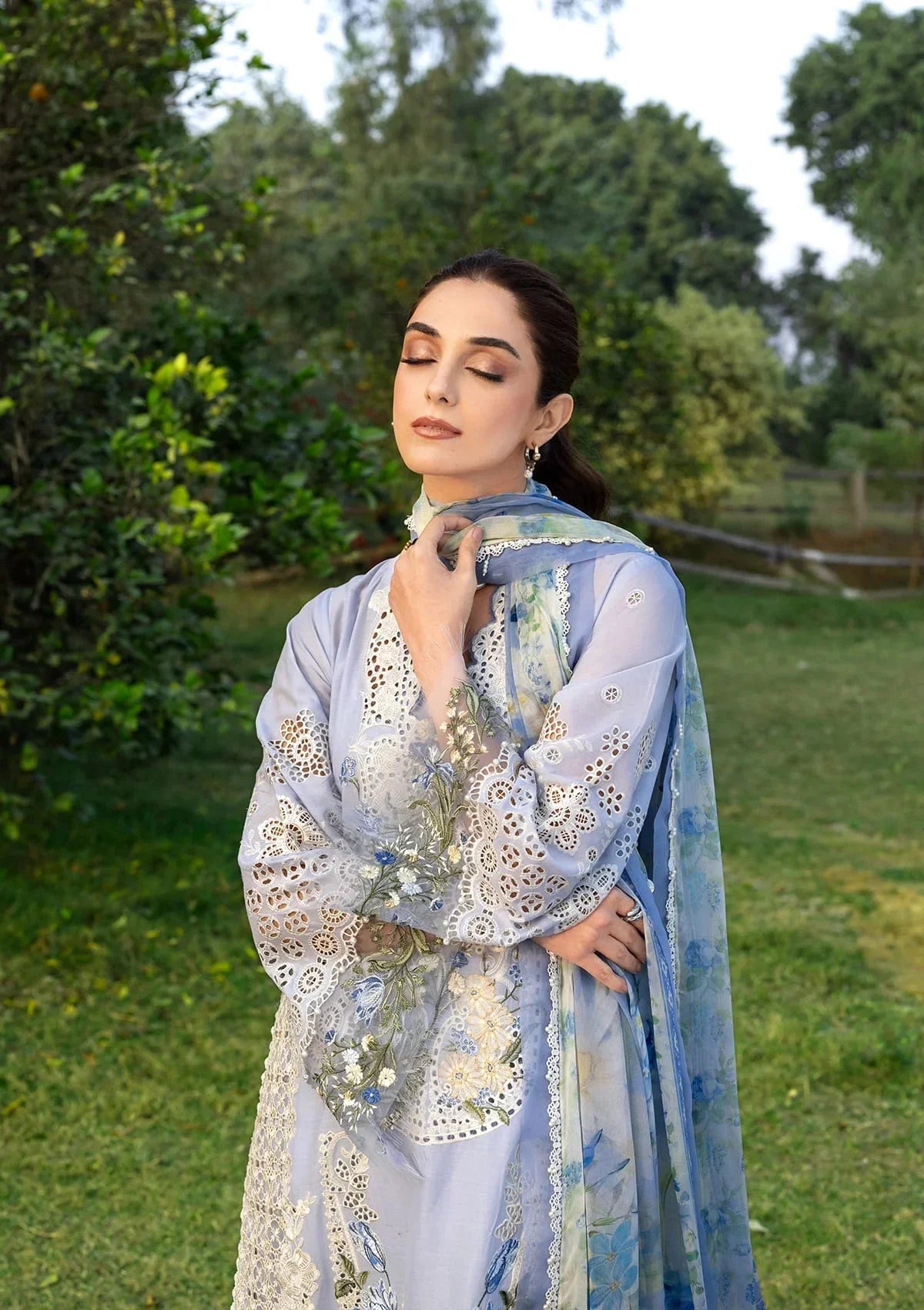 Elaf Premium Embroidered Luxury Lawn 3Pc Suit ELY-12 SKY BLISS