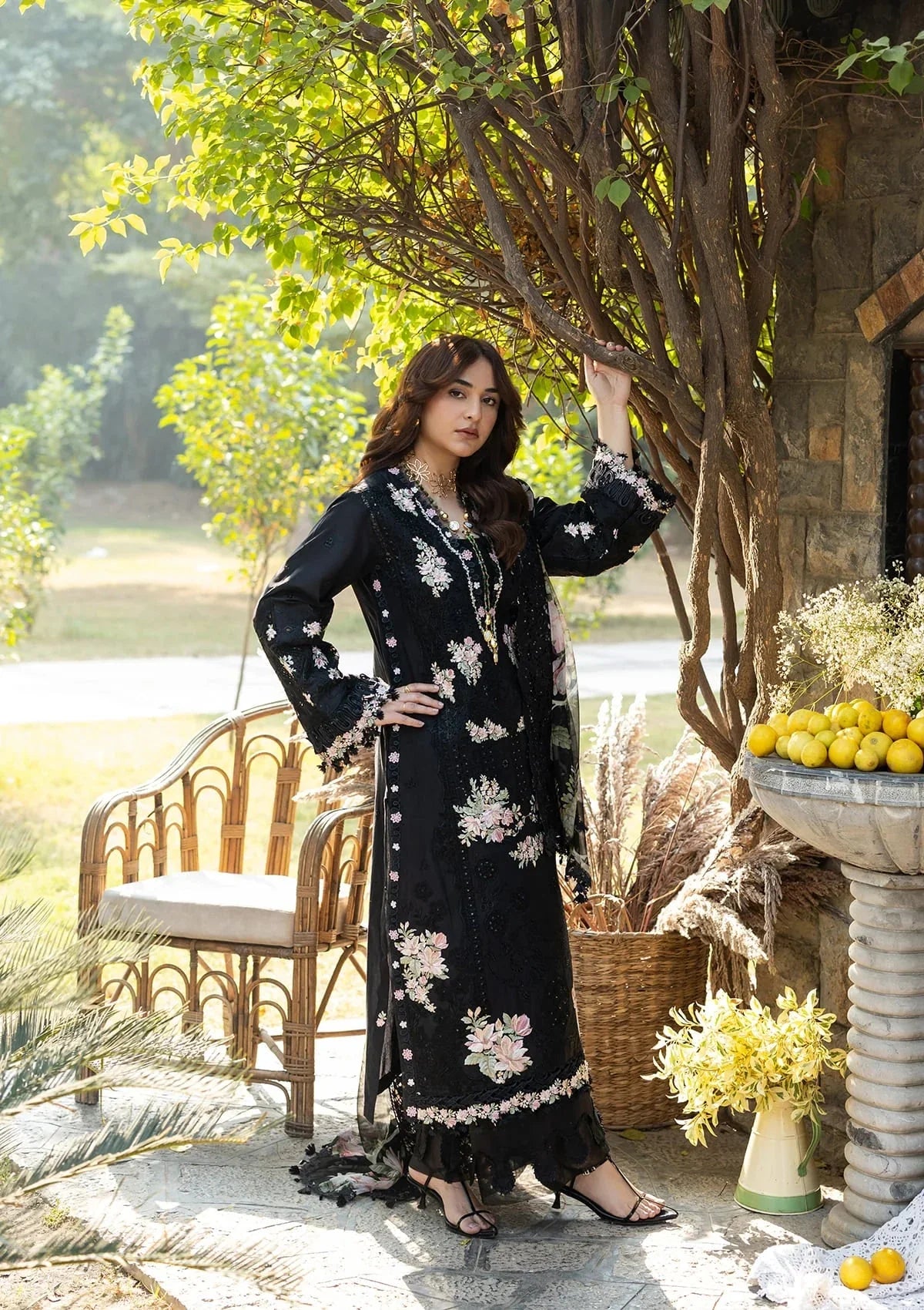 Elaf Premium Embroidered Luxury Lawn 3Pc Suit ELY-02B MIDNIGHT BLOSSOM