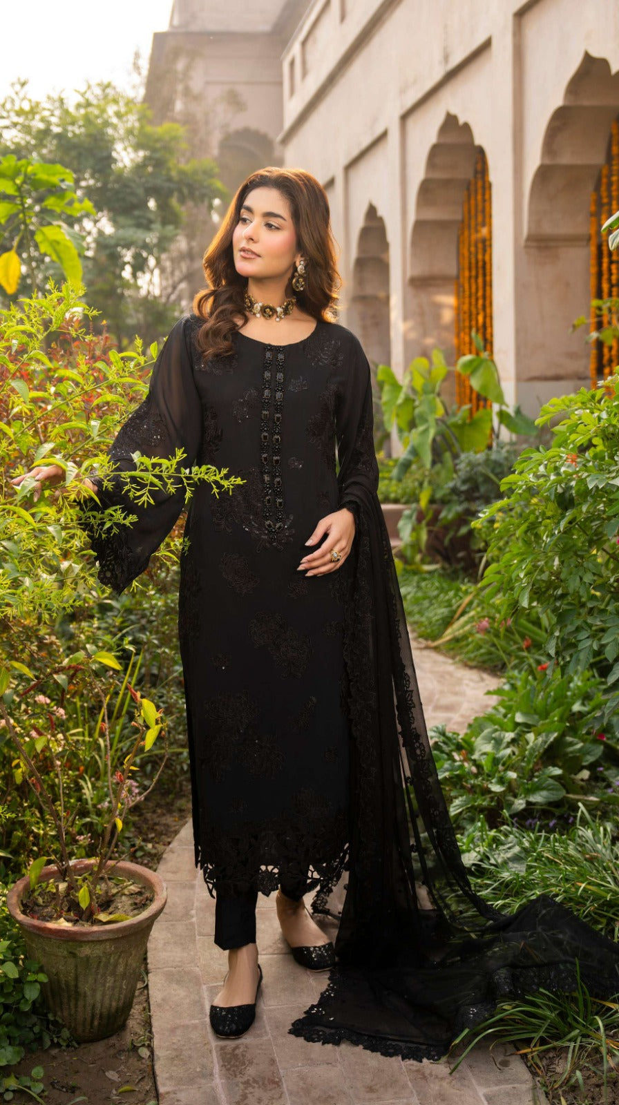 Luxury Black Embroidered Designer Suit with Elegant Sheer Dupatta