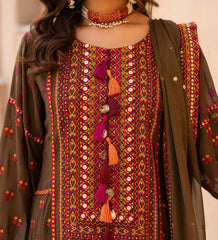 Luxury Olive Green Embroidered Designer Suit with Handcrafted Mirror Work & Tassel Accents