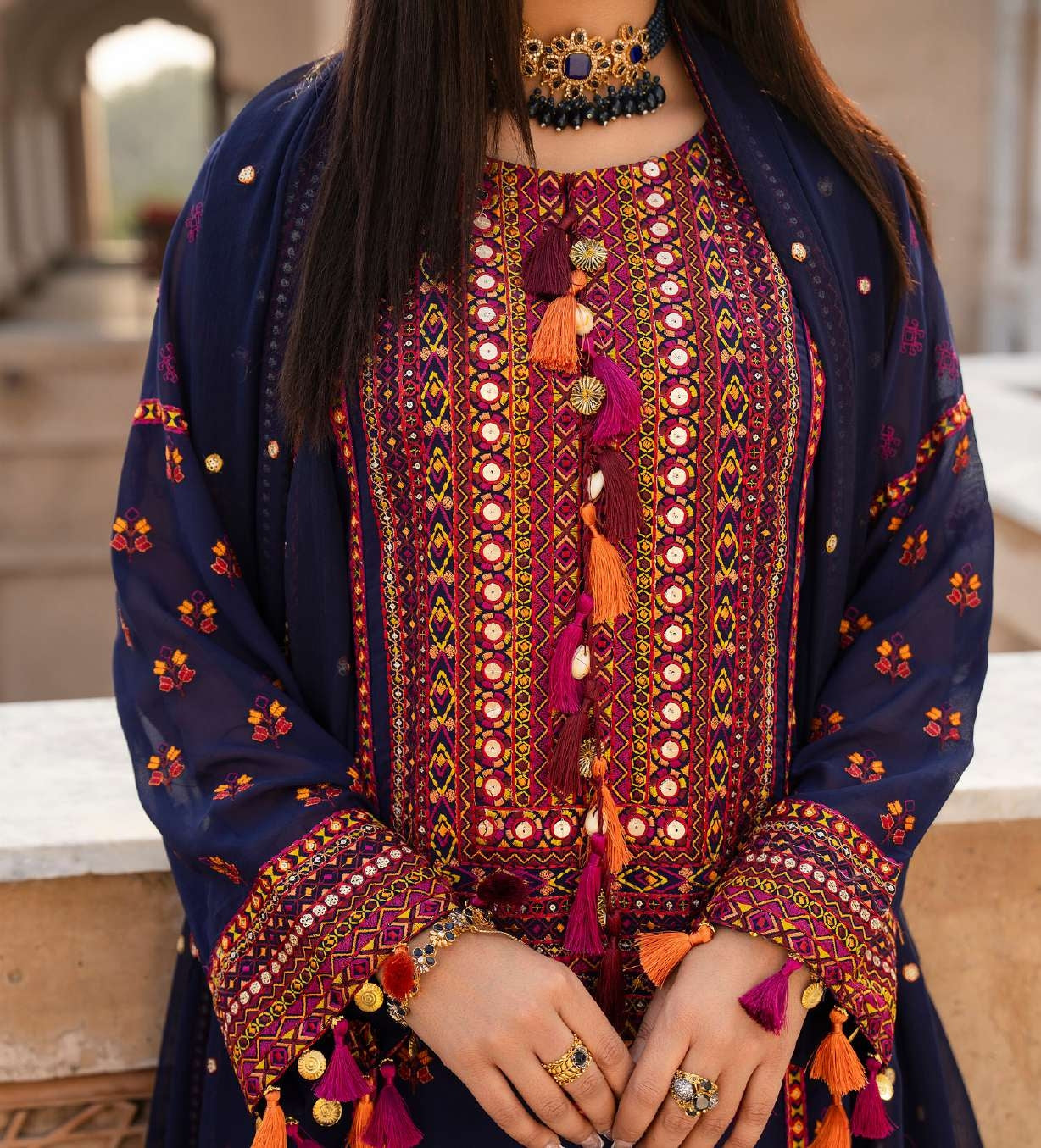 Luxury Navy Blue Embroidered Designer Suit with Handcrafted Mirror Work & Tassel Detailing