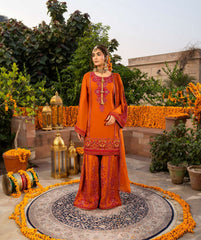 Luxury Burnt Orange Embroidered Designer Suit with Handcrafted Mirror Work & Dupatta