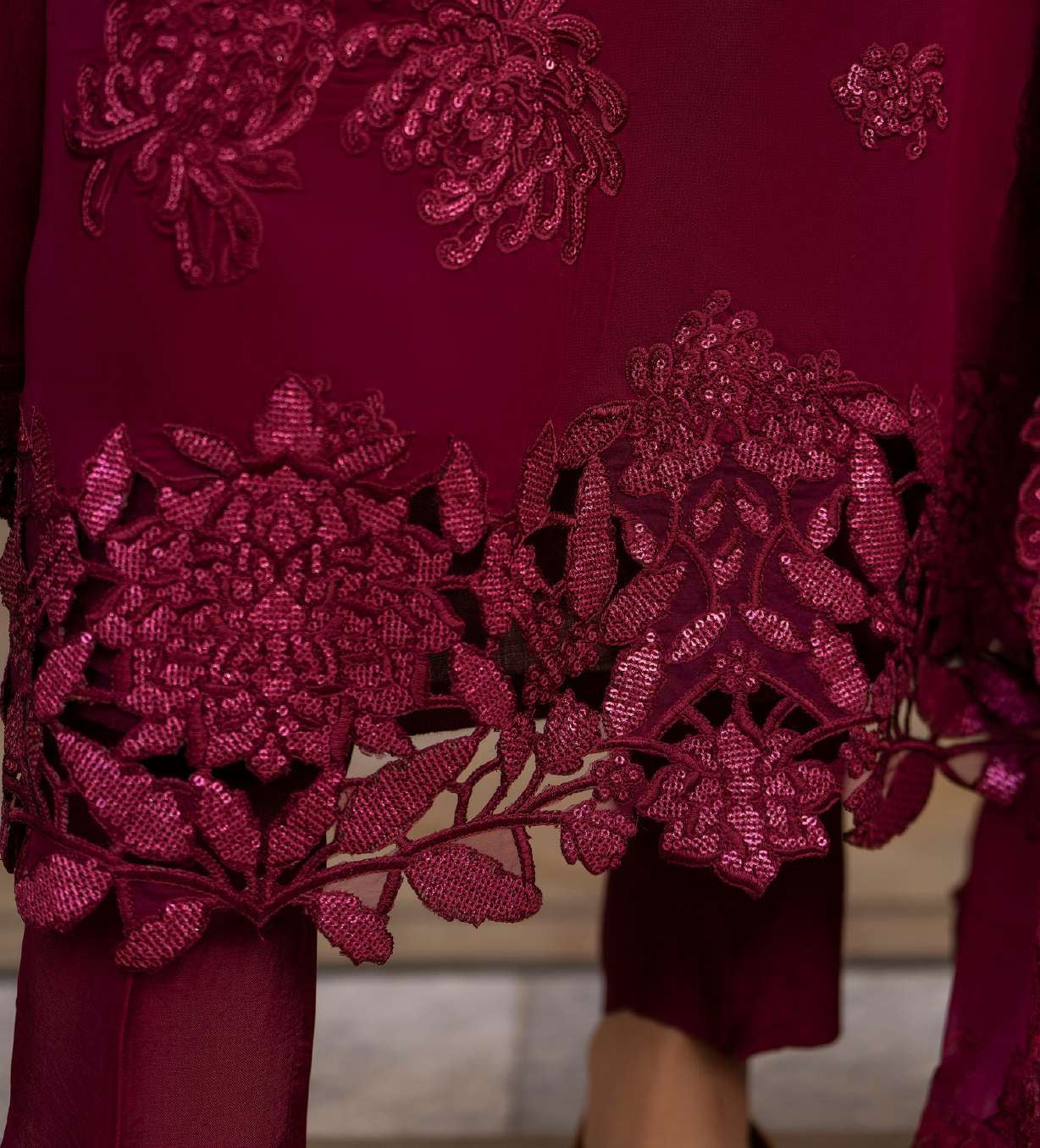 Luxury Wine Maroon Embroidered Designer Suit with Elegant Chiffon Dupatta