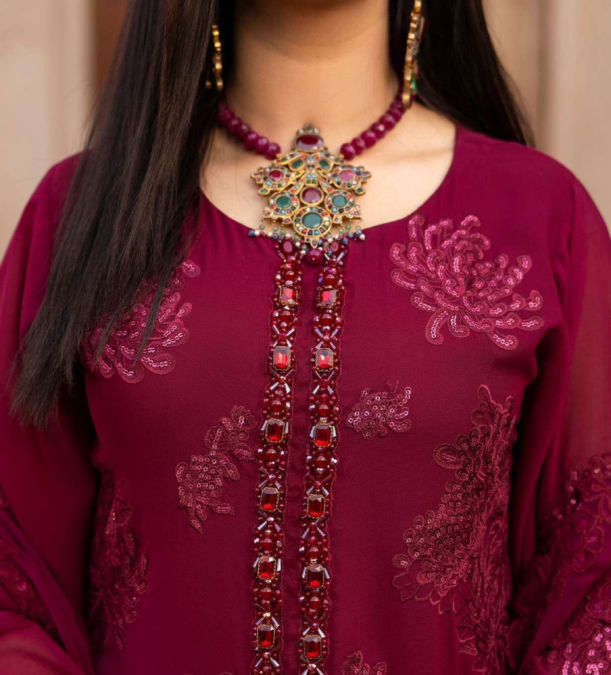 Luxury Wine Maroon Embroidered Designer Suit with Elegant Chiffon Dupatta