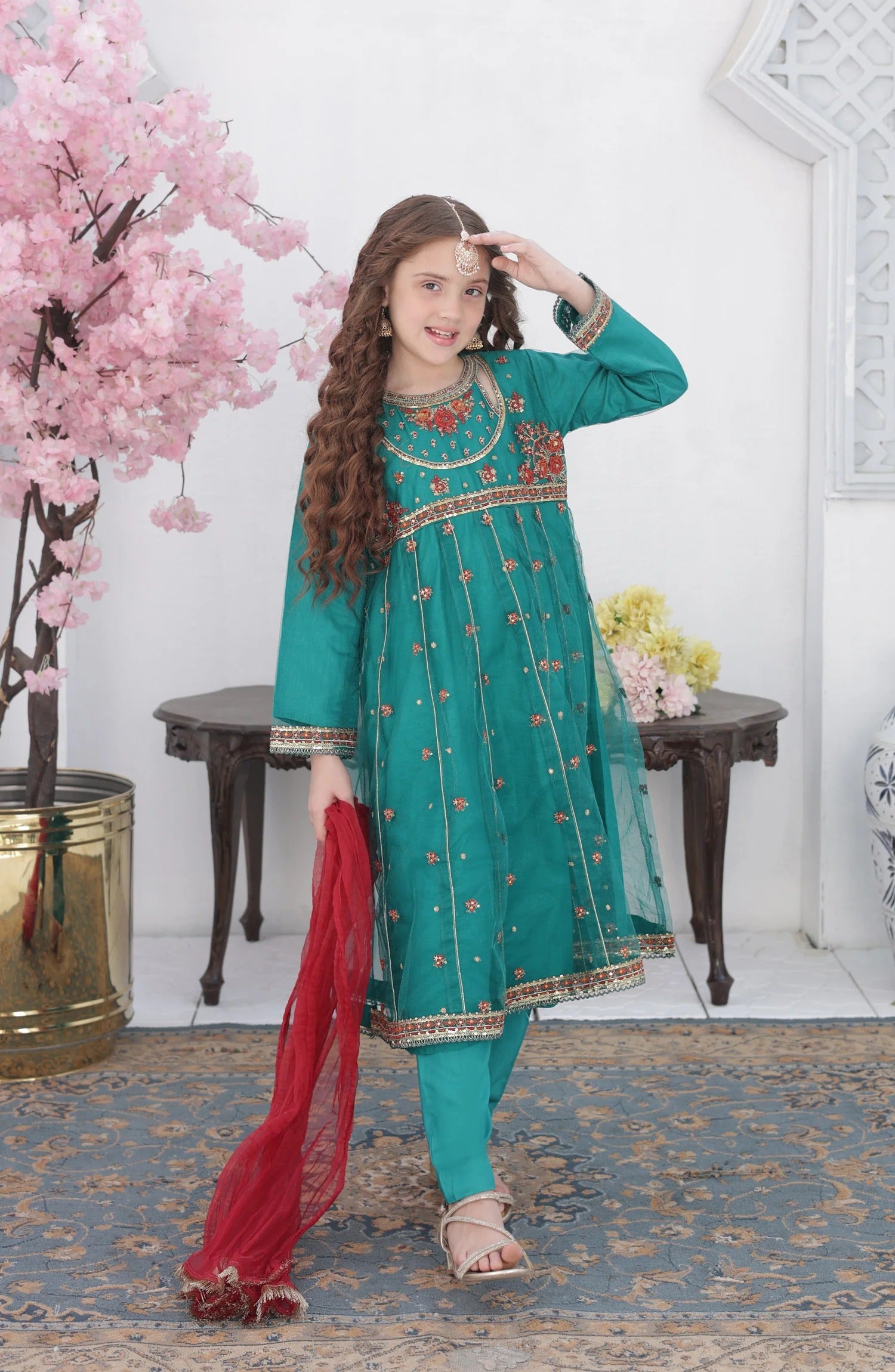 Shanzey Roshni Embroidered Organza Stitched 3 Piece Suit - SHK-5802 - SHZ26RSN - Emarald Green - Girls Formal Collection