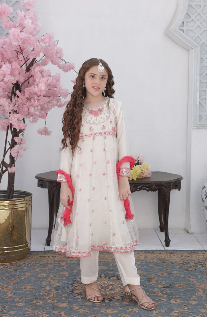 Shanzey Roshni Embroidered Organza Stitched 3 Piece Suit - SHK-5801 - SHZ26RSN - Off White - Girls Formal Collection