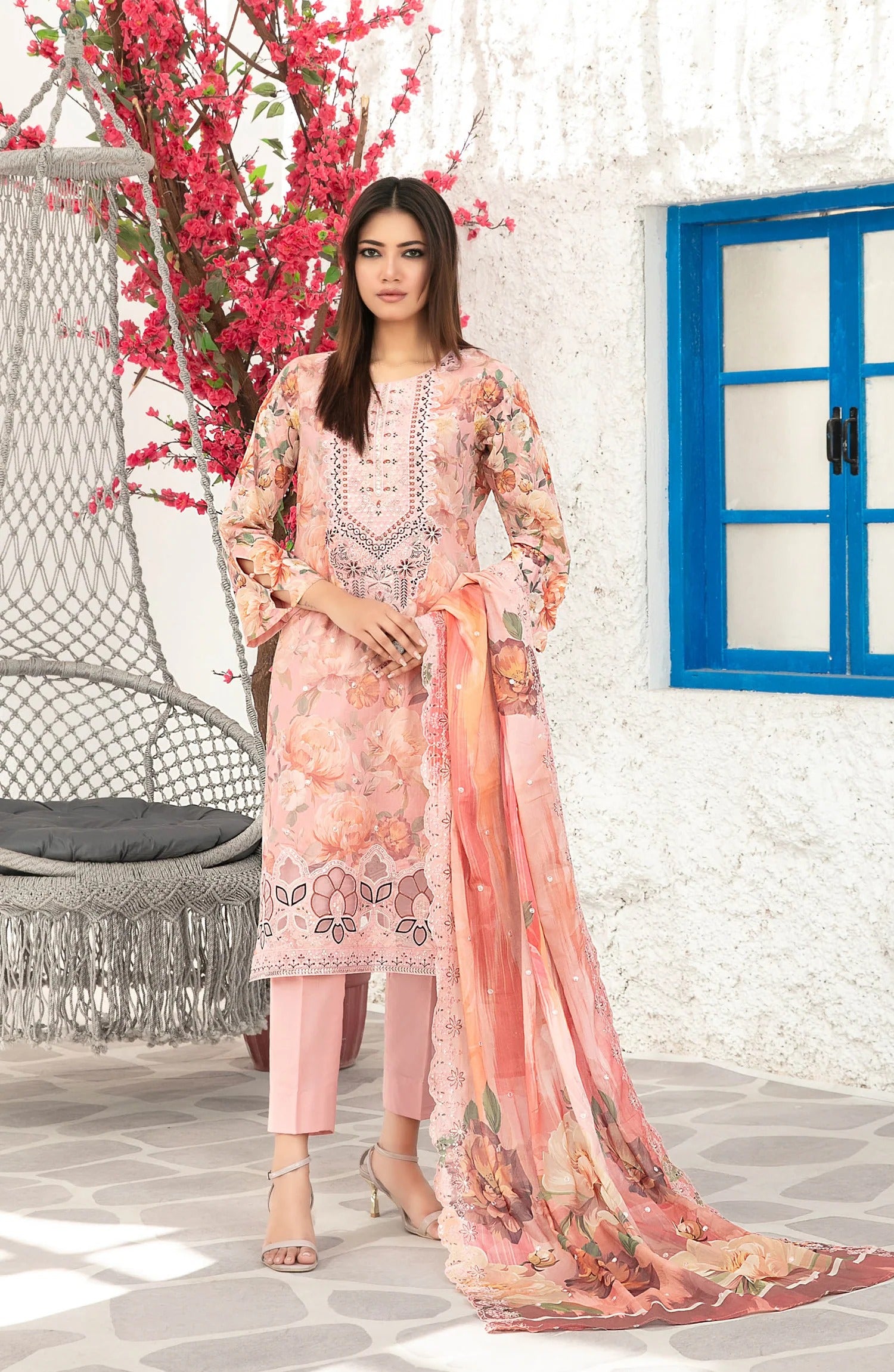 Parizah by MyTaraz Fabrics Embroidered Lawn Unstitched 3 Piece Suit - D-2724 - TF26PRZ - Peach - Summer Collection